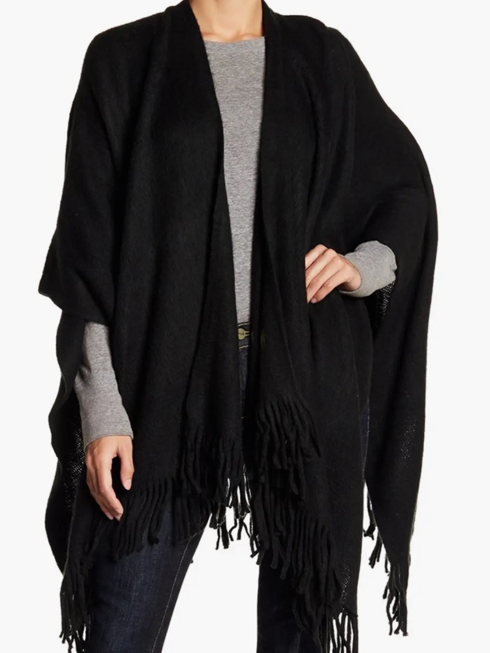 Worthington Black Fringe Open-Front Cape
